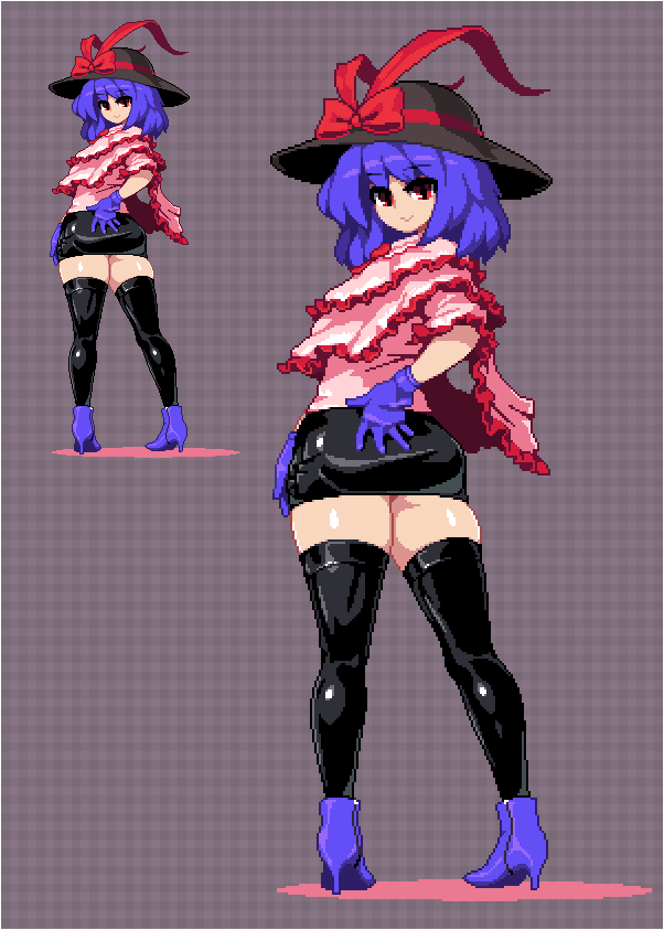 1girl :&gt; bangs black_hat black_legwear black_skirt blue_footwear blue_gloves blue_hair bow checkered checkered_background commentary_request frills from_behind full_body gloves hat hat_bow high_heels looking_at_viewer miniskirt nagae_iku pink_shirt pixel_art red_bow red_eyes shirt shoes skirt standing takorin thigh-highs thighs touhou