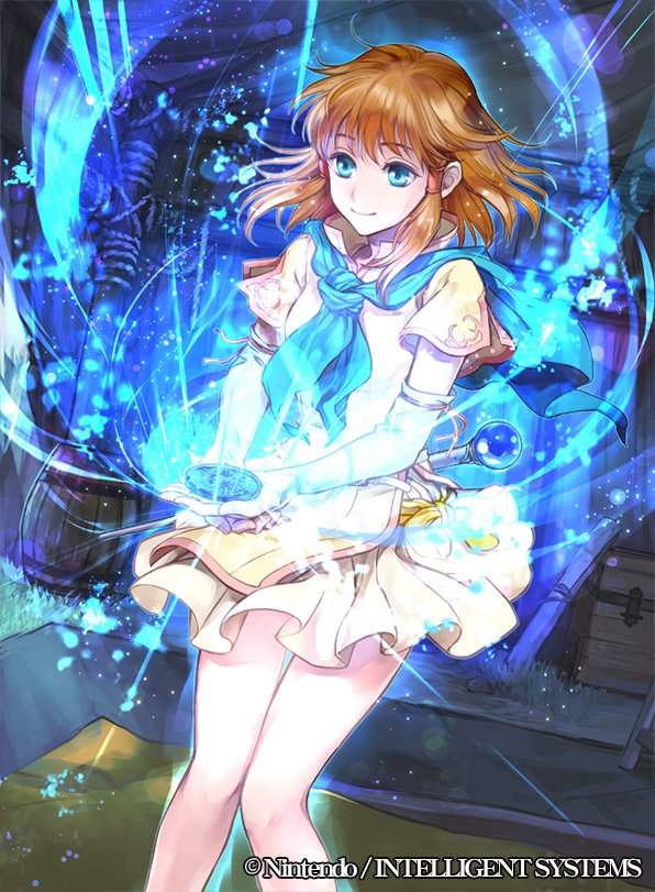 1girl blue blue_capelet brown_hair capelet elbow_gloves eyes fire_emblem fire_emblem:_souen_no_kiseki floating_hair gloves hair_tubes long_hair miniskirt mist_(fire_emblem) nintendo outdoors pantyhose pleated_skirt shirt short_sleeves skirt smile solo standing wada_sachiko white_gloves white_legwear white_shirt white_skirt