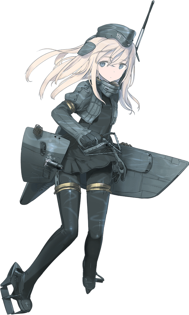 1girl adapted_turret blonde_hair clothes_writing full_body garrison_cap hair_ornament hat kantai_collection long_hair looking_at_viewer machinery military military_uniform official_art pale_skin puffy_sleeves shimada_fumikane solo thigh-highs transparent_background u-511_(kantai_collection) uniform