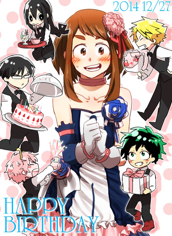 3boys 3girls ashido_mina asui_tsuyu black_eyes black_hair blonde_hair blue_dress blue_sleeves blush blush_stickers boku_no_hero_academia bouquet bow bowl bowtie box brown_eyes brown_hair chibi chibi_inset choker collarbone cup dated detached_sleeves dress flower gift gift_box glasses gloves green_hair hair_flower hair_ornament hair_rings happy_birthday holding holding_gift horns iida_tenya kaminari_denki kneeling long_tongue looking_at_viewer midoriya_izuku multiple_boys multiple_girls open_mouth pink_hair pink_skin rectangular_eyewear short_hair sidelocks strapless strapless_dress tied_hair tongue tongue_out tray two-tone_dress uraraka_ochako vest waiter white_dress white_gloves yagiushi_(sinnpatilove)