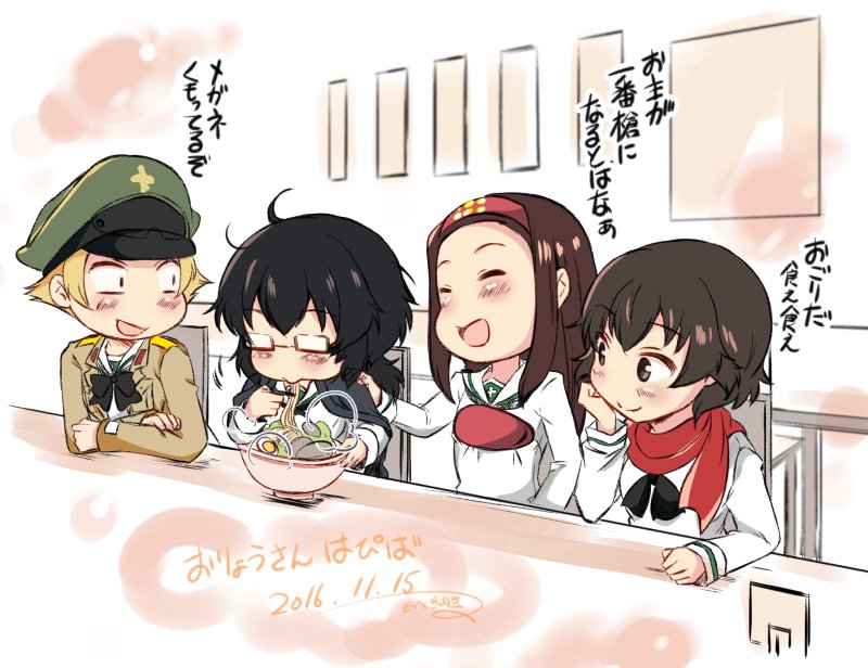 abenattou bowl brown_eyes brown_hair caesar_(girls_und_panzer) chopsticks eating erwin_(girls_und_panzer) food girls_und_panzer glasses hat headband holding holding_chopsticks long_hair meandros multiple_girls noodles ooarai_school_uniform ramen saemonza school_uniform short_hair translation_request