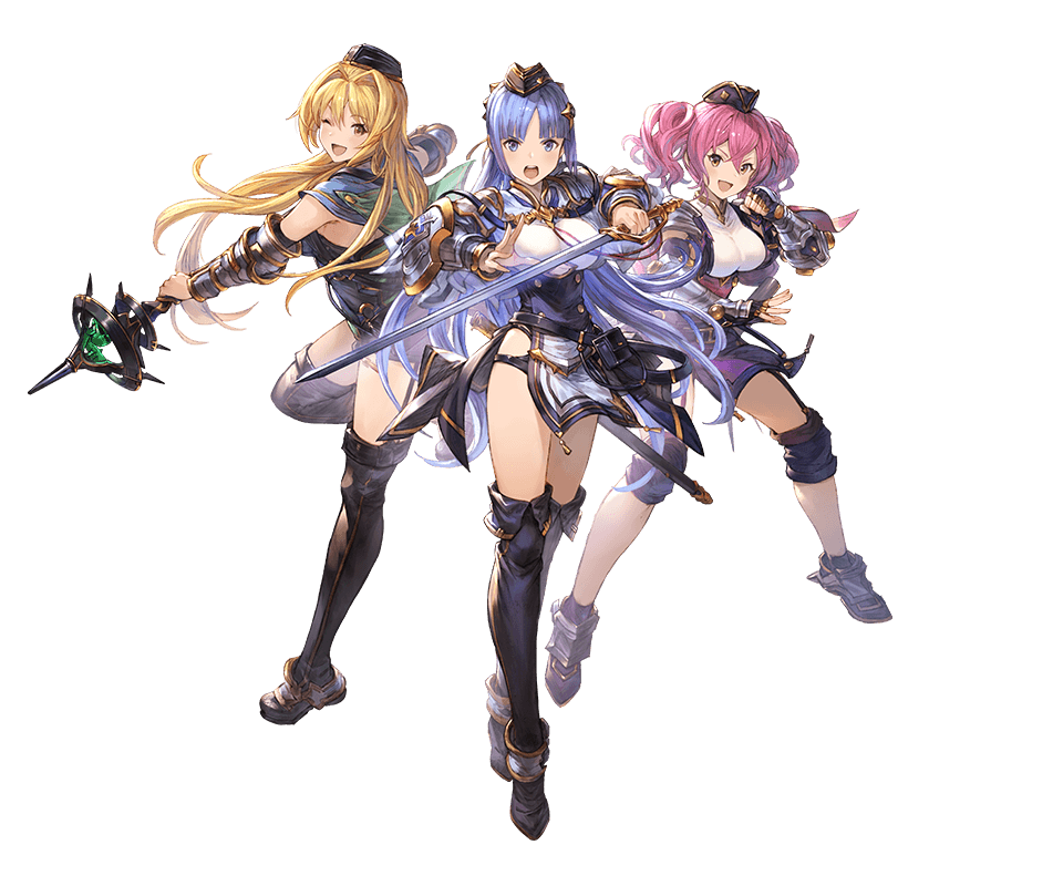 3girls armor bangs blonde_hair blue_eyes blue_hair breasts brown_eyes capelet clenched_hand eyebrows_visible_through_hair fighting_stance fingerless_gloves full_body gauntlets gloves granblue_fantasy hat holding holding_weapon knee_pads leg_up long_hair looking_at_viewer maimu_(shingeki_no_bahamut) medium_breasts meimu_(shingeki_no_bahamut) miimu minaba_hideo multiple_girls official_art one_eye_closed open_mouth pelvic_curtain shingeki_no_bahamut shiny shiny_hair smile staff thigh-highs transparent_background twintails underwear vambraces weapon