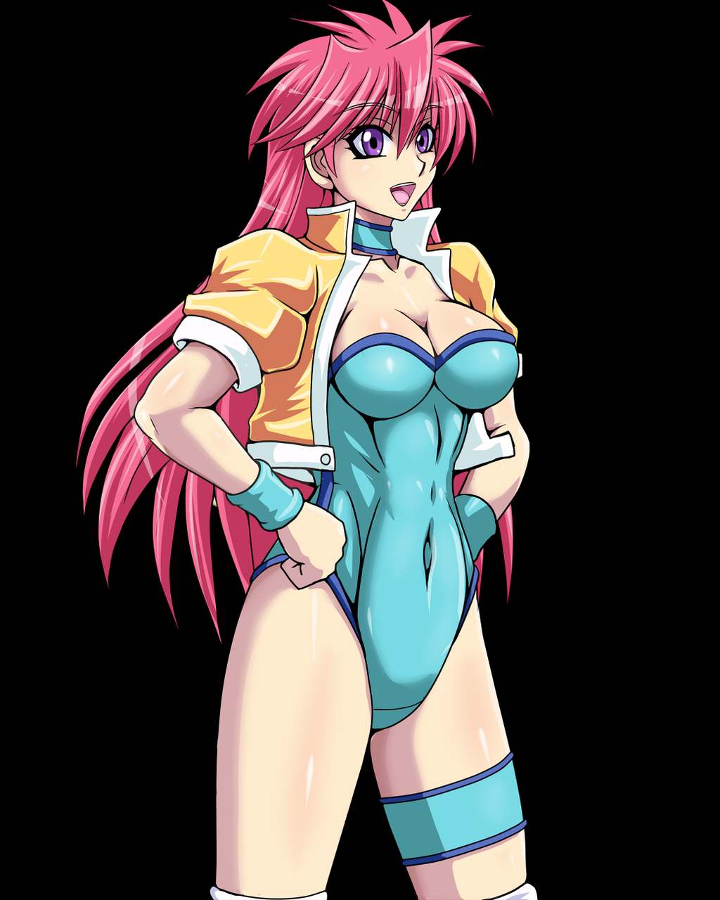 1girl black_background blue_leotard breasts choker cleavage eyebrows_visible_through_hair hair_between_eyes hands_on_hips highres jacket leotard long_hair medium_breasts mighty_yukiko open_mouth pink_hair short_sleeves simple_background smile solo standing taroimo_(00120014) violet_eyes wrestle_angels wrestle_angels_survivor wrestling_outfit wristband yellow_jacket