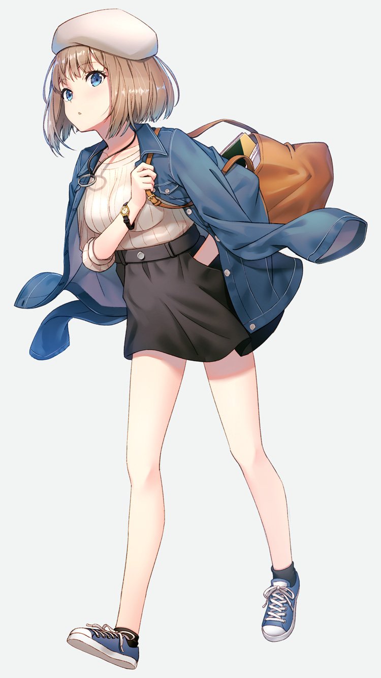 1girl ankle_socks backpack bag black_legwear black_skirt blue_eyes breasts brown_hair closed_mouth collarbone eyebrows_visible_through_hair full_body hand_in_pocket hat highres hyuuga_azuri jacket jewelry looking_at_viewer medium_breasts necklace original shoes short_hair skirt sneakers socks solo sweater watch watch white_hat