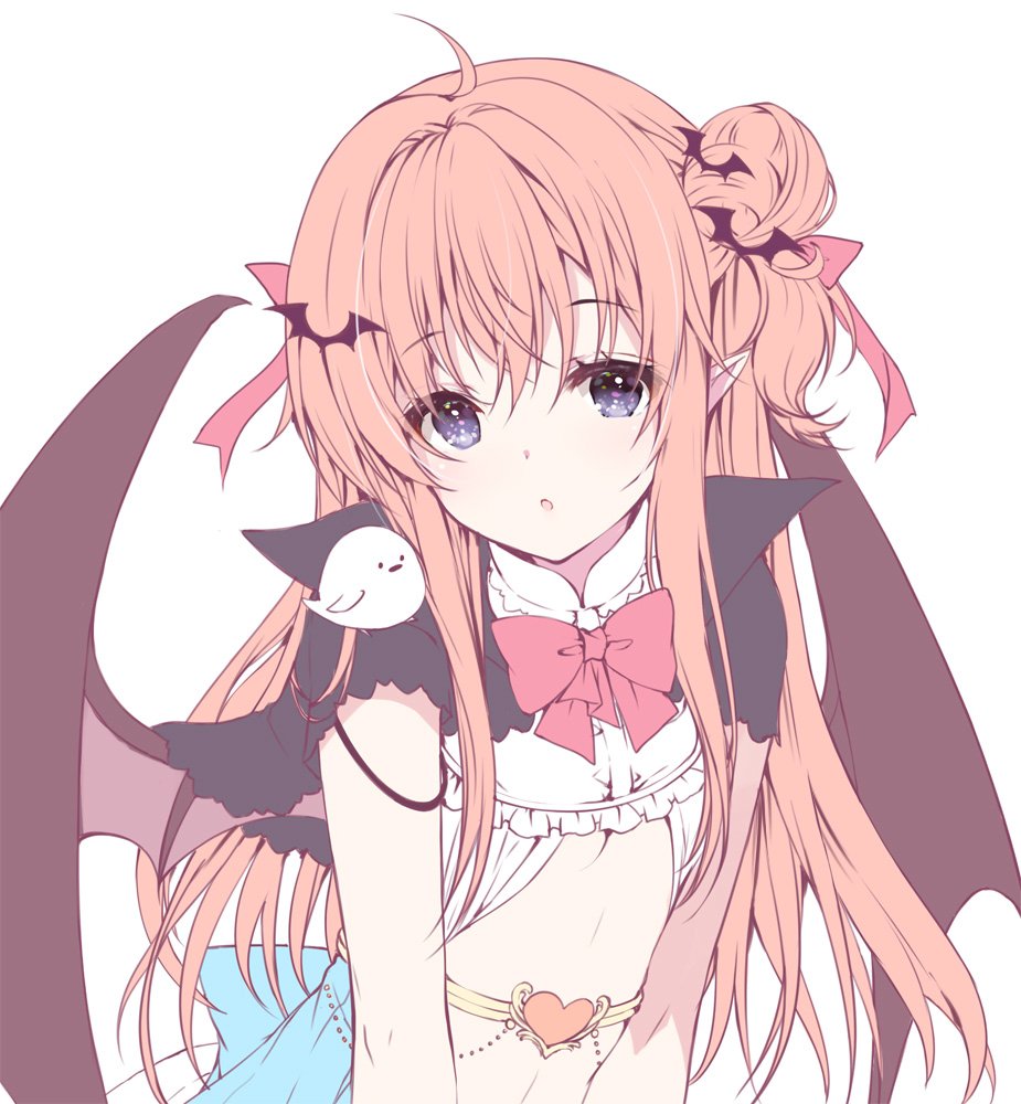 1girl :o ahoge bangs bat_hair_ornament belt black_capelet blue_eyes bow bowtie capelet center_opening commentary_request dress eyebrows_visible_through_hair ghost hair_bun hair_ornament hair_ribbon heart long_hair looking_at_viewer miwabe_sakura one_side_up original parted_lips pink_hair pink_neckwear pink_ribbon pointy_ears ribbon short_sleeves sidelocks simple_background solo stomach upper_body white_background white_dress wings