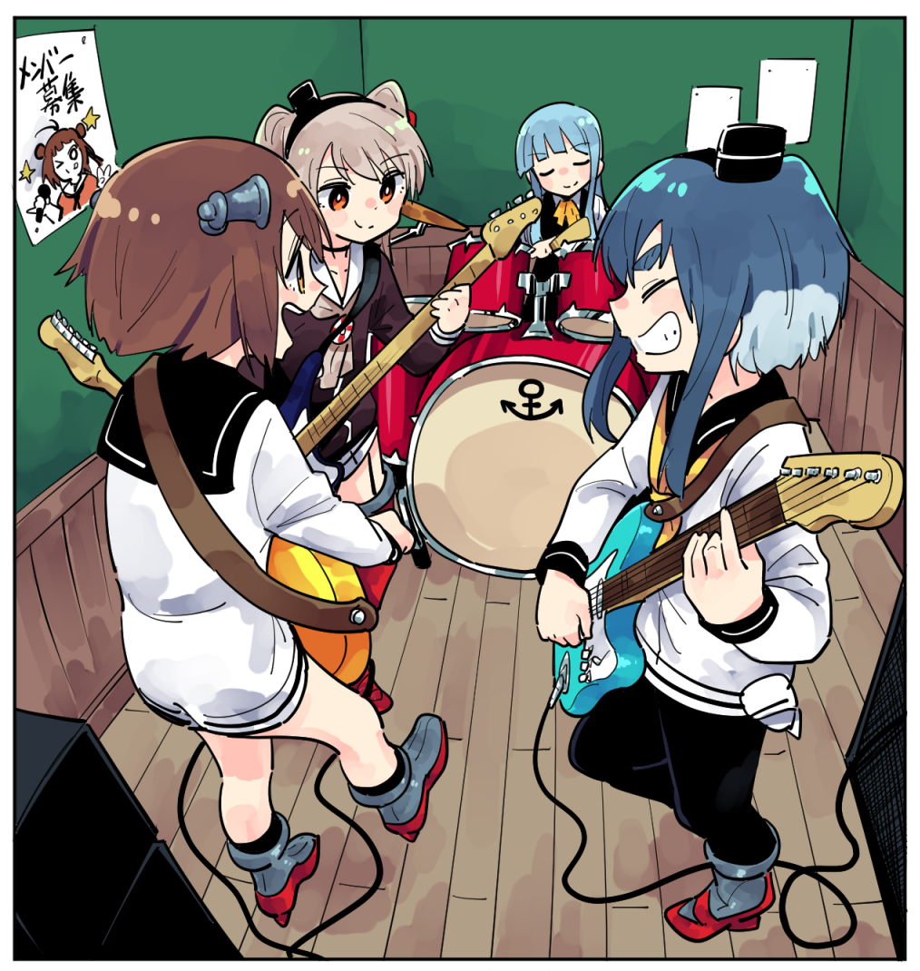 4girls amatsukaze_(kantai_collection) amplifier anchor_symbol band bangs bass_guitar black_legwear black_sailor_collar blouse blunt_bangs border brown_dress brown_hair cable cameo closed_eyes closed_mouth commentary_request dress drum drum_set drumsticks electric_guitar facing_another finger_gun fisheye garter_straps grey_footwear guitar hatsukaze_(kantai_collection) headset holding holding_instrument indoors instrument kantai_collection lifebuoy light_blue_hair long_hair long_sleeves looking_at_another multiple_girls music naka_(kantai_collection) neckerchief open_mouth orange_eyes outstretched_leg platinum_blonde_hair playing_instrument red_footwear room rudder_shoes sailor_collar sailor_dress shirt short_dress short_hair short_hair_with_long_locks sidelocks sideways_mouth sign sitting sleeve_cuffs socks standing straight_hair thick_eyebrows tokitsukaze_(kantai_collection) tonmoh translated two_side_up wall white_border white_pupils white_shirt wooden_floor wooden_wall yellow_neckwear yukikaze_(kantai_collection)