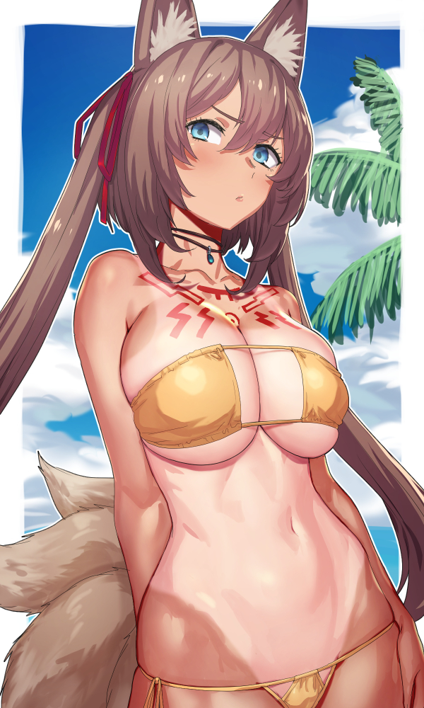 1girl animal_ear_fluff animal_ears arm_at_side arm_behind_back bare_arms bare_shoulders beach bikini blue_eyes blue_sky border breasts brown_hair choker cleavage collarbone cowboy_shot day eyepatch_bikini fox_ears fox_tail hair_between_eyes hair_ribbon jewelry large_breasts long_hair looking_at_viewer multiple_tails navel outdoors outside_border palm_tree pendant red_ribbon ribbon side-tie_bikini sky solo star_ocean star_ocean_anamnesis stomach strapless strapless_bikini string_bikini swimsuit tail tan tanline tattoo tenchisouha tree twintails under_boob very_long_hair white_border yellow_bikini