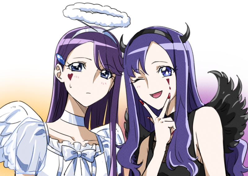 2girls ;d asymmetrical_bangs bangs black_hairband black_wings blue_hair bow breasts collarbone facial_mark fake_horns feathered_wings grey_bow grey_hairband hair_ornament hairband hairclip heartcatch_precure! kurumi_momoka long_hair looking_at_viewer medium_breasts multiple_girls nail_polish one_eye_closed open_mouth precure purple_hair red_nails shiny shiny_hair sideboob simple_background sleeveless smile sweatdrop tsukikage_oyama tsukikage_yuri upper_body v very_long_hair white_background white_wings wings