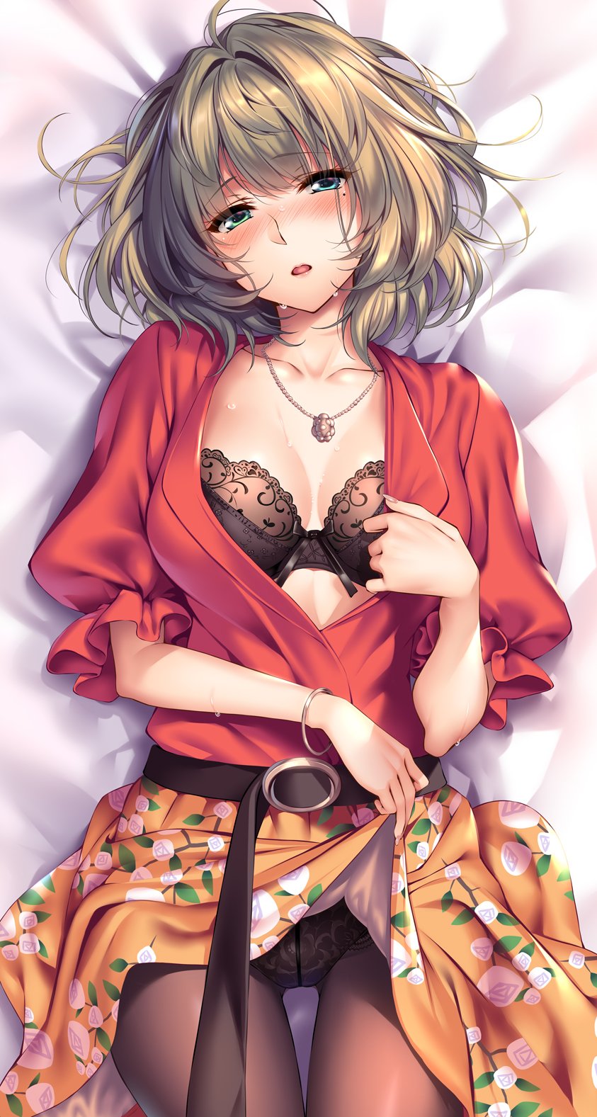 1girl bangle bangs bed_sheet belt black_bra black_legwear black_panties blouse blouse_tug blue_eyes blush bra bracelet breasts brown_hair cleavage collarbone eyebrows_visible_through_hair floral_print green_eyes half-closed_eyes head_tilt heterochromia highres idolmaster idolmaster_cinderella_girls jewelry looking_at_viewer lying medium_breasts mole mole_under_eye necklace on_back open_mouth orange_skirt panties panties_under_pantyhose pantyhose piromizu red_blouse short_hair sidelocks skirt solo sweat takagaki_kaede underwear