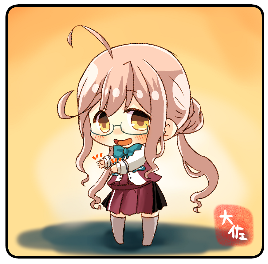 1girl :d ahoge aqua_bow aqua_neckwear artist_name blazer blush boots bow bowtie buttons chibi commentary_request cross-laced_footwear double_bun eyebrows_visible_through_hair full_body glasses grey_legwear jacket kantai_collection lace-up_boots long_hair long_sleeves makigumo_(kantai_collection) open_mouth pink_hair remodel_(kantai_collection) school_uniform shirt sleeves_past_wrists smile solo standing taisa_(kari) thigh-highs twintails white_shirt yellow_eyes