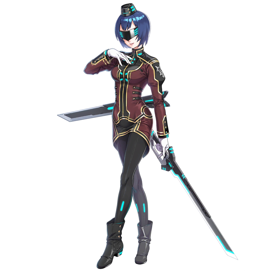 1girl blue_hair boots gloves hat mask military military_hat military_uniform official_art renier_(star_ocean) solo star_ocean star_ocean_anamnesis sword thigh-highs transparent_background uniform weapon