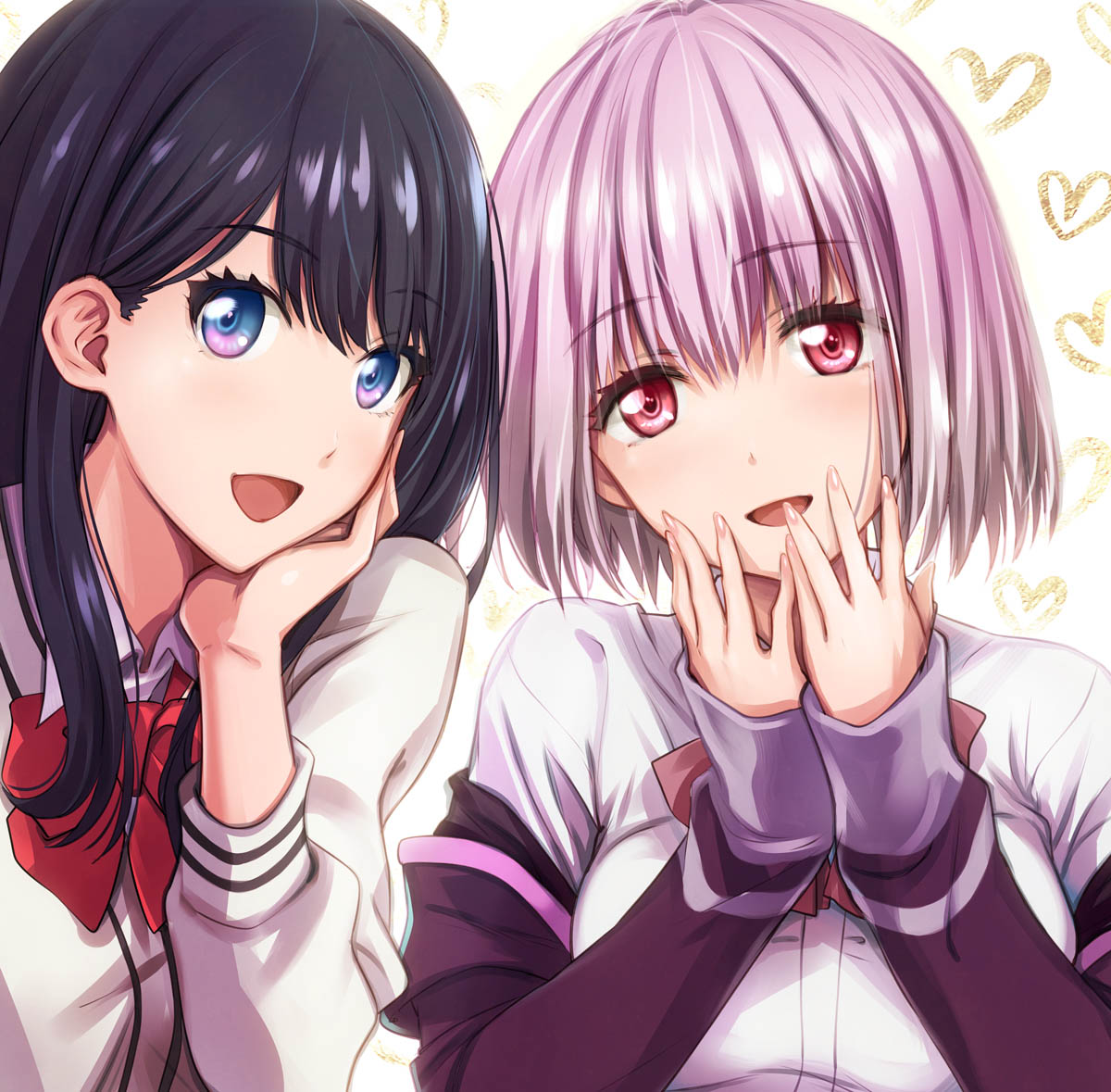 2girls :d bangs black_hair blue_eyes bow bowtie breasts cardigan chin_rest collared_shirt commentary_request eyebrows_visible_through_hair hand_up hands_up head_tilt heart jacket large_breasts long_hair long_sleeves looking_at_viewer multiple_girls off_shoulder open_mouth pink_hair purple_jacket red_eyes red_neckwear shinjou_akane shirt short_hair side-by-side simple_background sleeves_past_wrists smile ssss.gridman takarada_rikka ueda_metawo upper_body white_background white_shirt