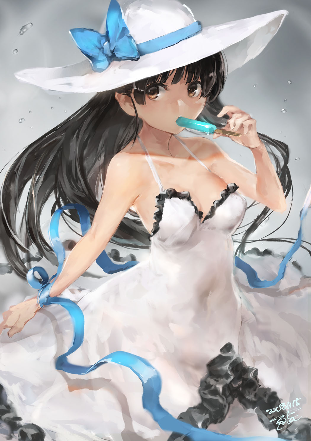 1girl bangs black_hair blue_ribbon blush breasts brown_eyes covered_navel dated dress floating_hair food hat hat_ribbon highres holding holding_food kantai_collection long_hair popsicle ribbon shouhou_(kantai_collection) sidelocks signature sleeveless sleeveless_dress solo sun_hat toka_(marchlizard) water_drop white_dress white_hat wrist_ribbon