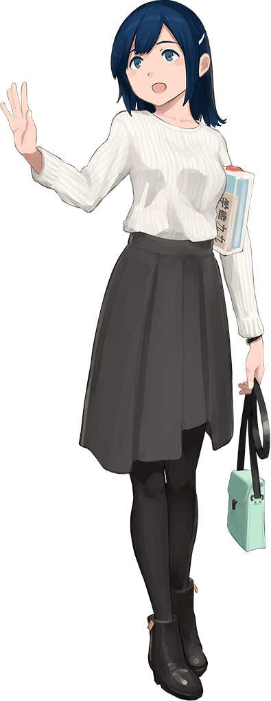 1girl alternate_costume alternate_hairstyle black_legwear black_skirt carrying_under_arm full_body hair_down hand_up kantai_collection long_sleeves medium_hair official_art open_mouth pantyhose shibafu_(glock23) skirt solo souryuu_(kantai_collection) transparent_background