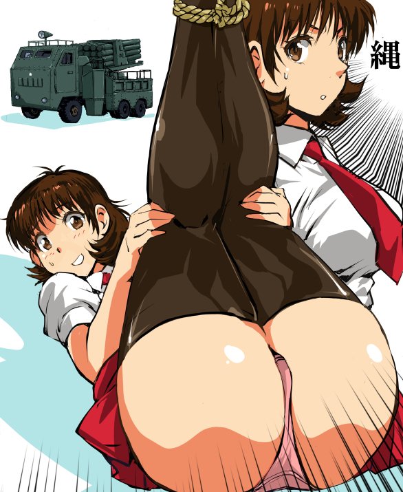 1girl ass bangs bound_ankles brown_eyes brown_hair brown_legwear commentary_request crotch_seam eyebrows_visible_through_hair kneepits legs_up looking_at_viewer lying military military_vehicle multiple_views on_back original panties pink_panties pleated_skirt presenting red_neckwear red_skirt shirt short_sleeves skirt thigh-highs underwear uniform white_shirt yuya