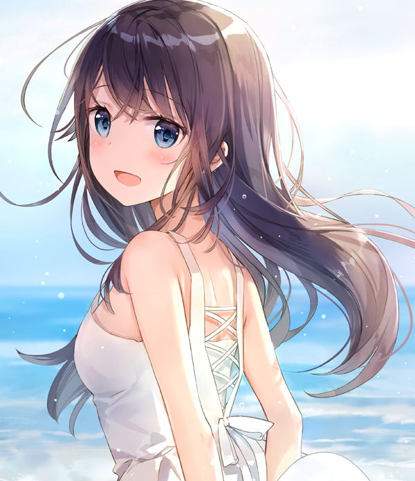 1girl :d blue_eyes breasts brown_hair dress floating_hair fuumi_(radial_engine) long_hair looking_at_viewer medium_breasts open_mouth original shiny shiny_hair sideboob sleeveless sleeveless_dress smile solo upper_body white_dress