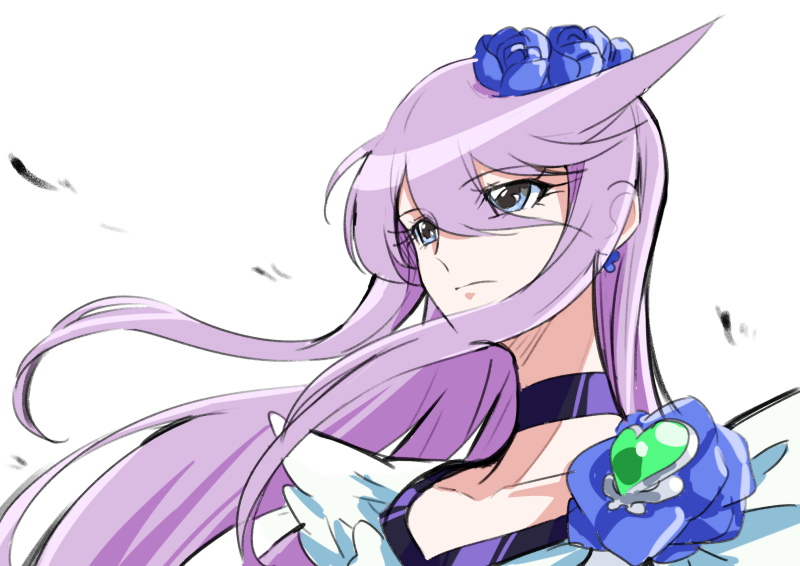 1girl blue_eyes blue_flower choker collarbone cure_moonlight eyebrows_visible_through_hair floating_hair flower hair_between_eyes hair_flower hair_ornament head_wreath heartcatch_precure! long_hair portrait precure purple_hair shiny shiny_hair simple_background sketch solo tsukikage_oyama tsukikage_yuri very_long_hair white_background