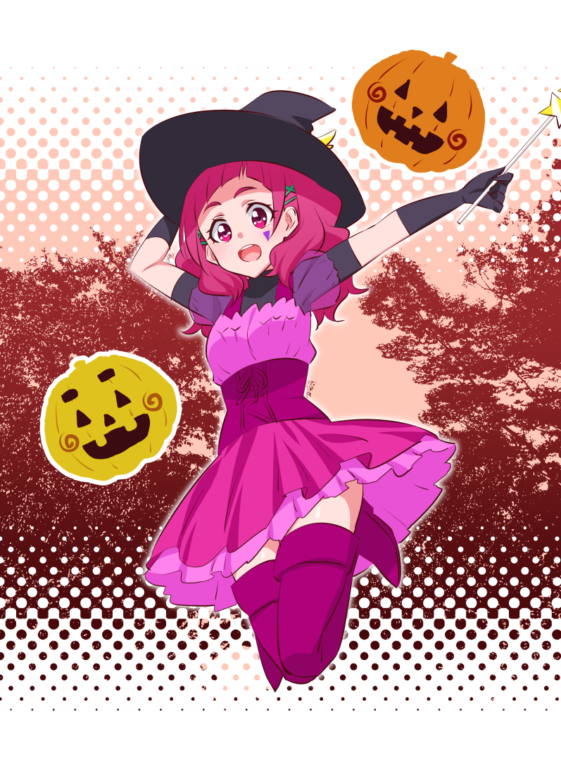 1girl boots corset dress facepaint frilled_skirt frills full_body gabayo gloves hair_ornament halloween hat hugtto!_precure jack-o'-lantern jumping long_hair nono_hana open_mouth pink_eyes pink_hair polka_dot polka_dot_background precure pumpkin round_teeth shaded_face shiny shiny_skin skirt solo teeth tree upper_teeth wand witch_hat x_hair_ornament