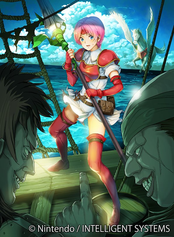 1girl 2boys boots breastplate clouds day dress elbow_gloves facial_scar fingerless_gloves fire_emblem fire_emblem:_souen_no_kiseki gloves grin holding holding_spear holding_weapon index_finger_raised marcia multiple_boys nintendo ocean open_mouth outdoors pink_hair polearm red_footwear red_gloves scar scar_on_cheek short_dress short_hair short_sleeves shoulder_armor smile spaulders spear sweatdrop thigh-highs thigh_boots unicorn weapon white_dress