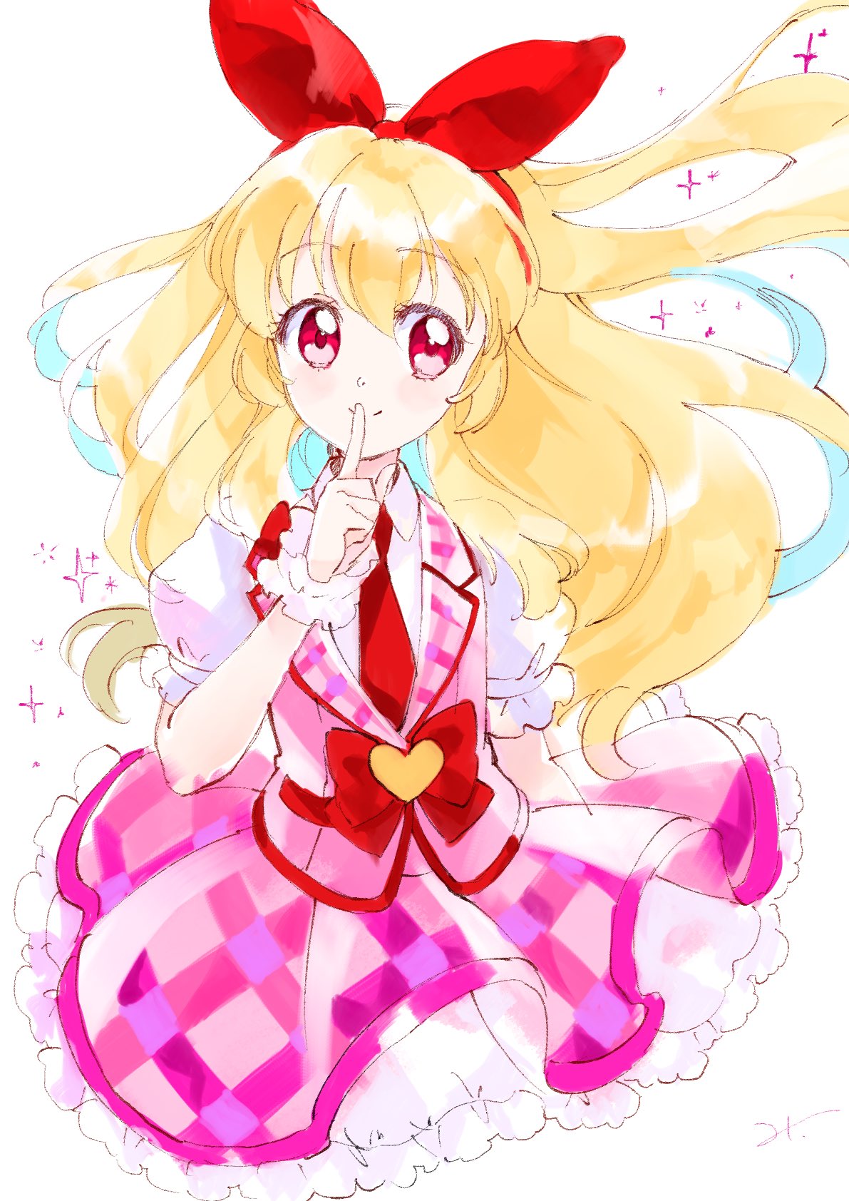 1girl aikatsu! aikatsu!_(series) bangs blonde_hair bow commentary cropped_legs eyebrows_visible_through_hair finger_to_mouth frilled_skirt frills hair_bow hairband heart highres hoshimiya_ichigo idol index_finger_raised long_hair mitsuhashitaeko necktie puffy_short_sleeves puffy_sleeves red_eyes short_sleeves shushing sideways_glance signature skirt smile solo sparkle upper_body white_background