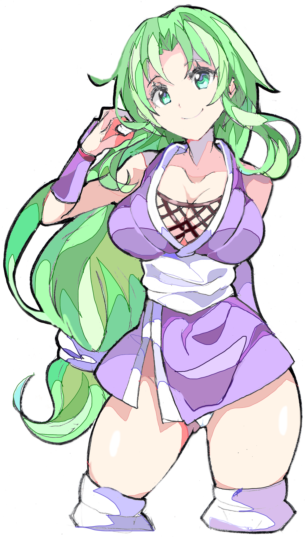 1girl arm_behind_back breasts cleavage closed_mouth collarbone cowboy_shot cropped_legs enpe eyebrows_visible_through_hair fishnets ganbare_goemon green_eyes green_hair hand_up highres japanese_clothes large_breasts long_hair looking_at_viewer low-tied_long_hair simple_background smile solo thighs very_long_hair white_background yae_(ganbare_goemon)