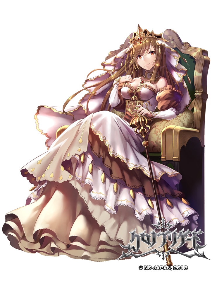 1girl bare_shoulders breasts brown_hair chair chrono_brigade cleavage detached_collar detached_sleeves dress gabiran hand_up medium_breasts official_art puffy_sleeves scepter simple_background sitting solo watermark white_background white_dress