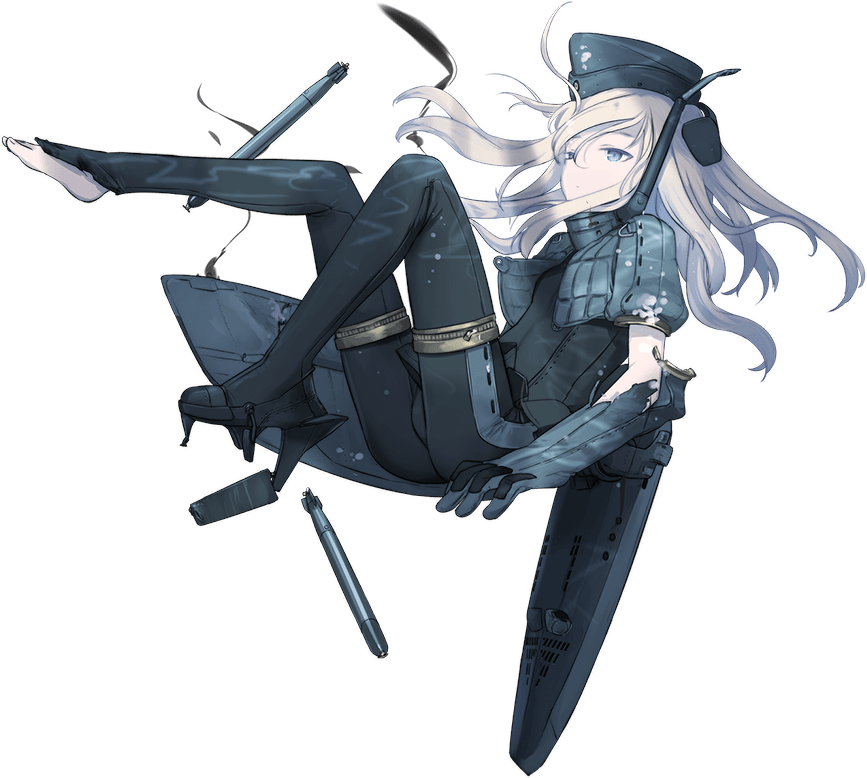 1girl blonde_hair full_body garrison_cap hat kantai_collection long_hair machinery military military_hat military_uniform official_art pale_skin shimada_fumikane solo thigh-highs torn_clothes torpedo transparent_background u-511_(kantai_collection) uniform