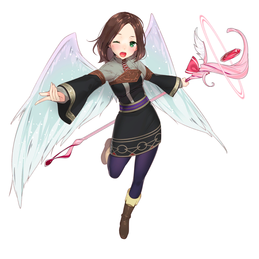 1girl boots brown_hair chloe_(star_ocean) feathered_wings green_eyes long_hair official_art one_eye_closed open_mouth solo staff star_ocean star_ocean_anamnesis thigh-highs transparent_background wings