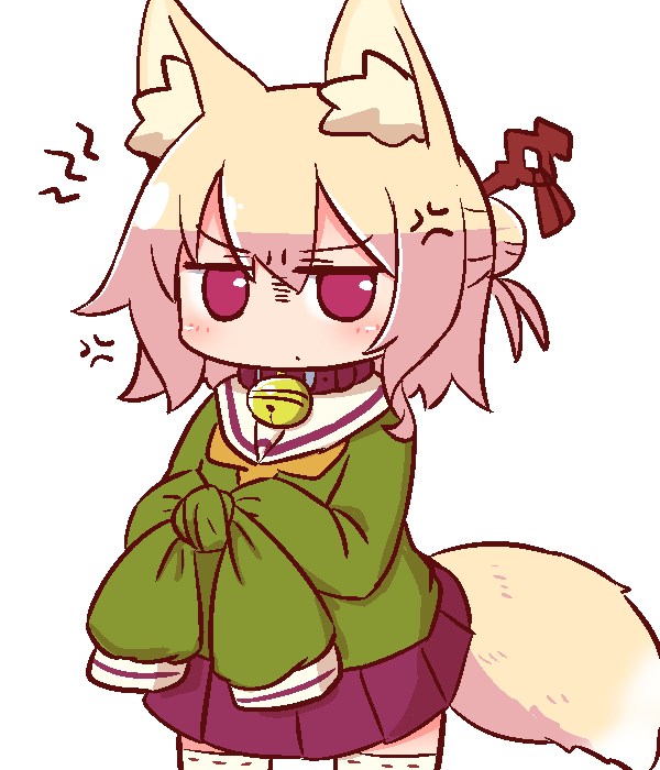 1girl anger_vein animal_ear_fluff animal_ears bangs bell bell_collar blush brown_collar closed_mouth collar cowboy_shot eyebrows_visible_through_hair fox_ears fox_girl fox_tail furrowed_eyebrows green_shirt hair_between_eyes hair_bun hair_ornament jingle_bell kemomimi-chan_(naga_u) long_sleeves looking_at_viewer naga_u orange_neckwear original pleated_skirt purple_skirt ribbon-trimmed_legwear ribbon_trim sailor_collar school_uniform serafuku shirt simple_background skirt sleeves_past_fingers sleeves_past_wrists solo standing tail thigh-highs tied_sleeves v-shaped_eyebrows white_background white_legwear white_sailor_collar