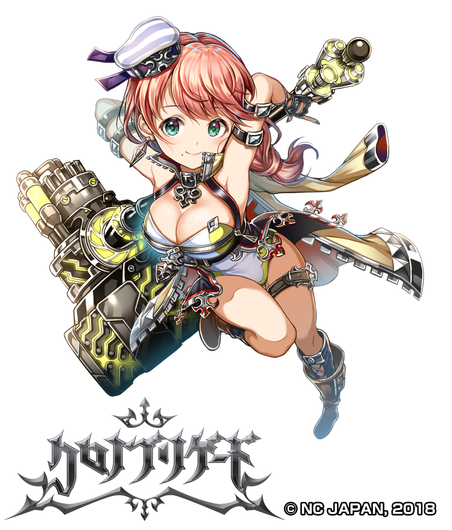 1girl aqua_eyes arm_belt armpits arms_up blush boots breasts brown_footwear chrono_brigade cleavage full_body gloves hammer hat large_breasts long_hair looking_at_viewer mole mole_under_mouth nishizawa official_art smile watermark white_background white_hat