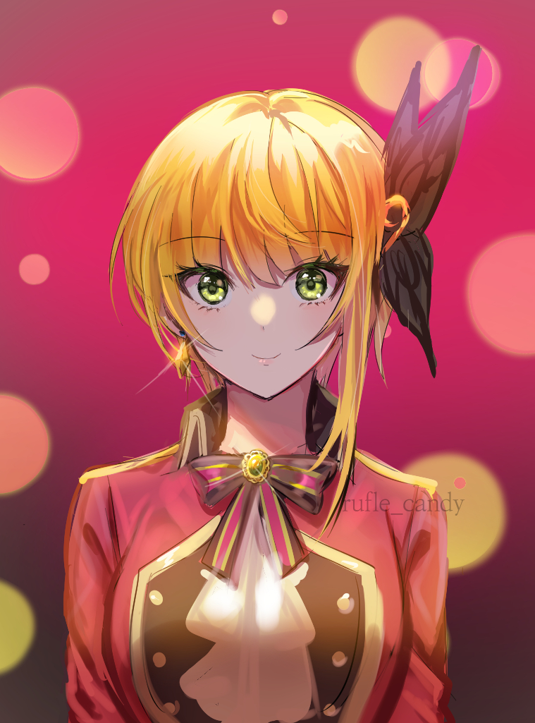 1girl 723/nanahumi black_bow blonde_hair bow bowtie butterfly_hair_ornament earrings eyebrows_visible_through_hair green_eyes hair_ornament idolmaster idolmaster_cinderella_girls idolmaster_cinderella_girls_starlight_stage jacket jewelry lens_flare looking_at_viewer miyamoto_frederica red_jacket short_hair_with_long_locks sidelocks smile solo sparkle striped striped_bow upper_body