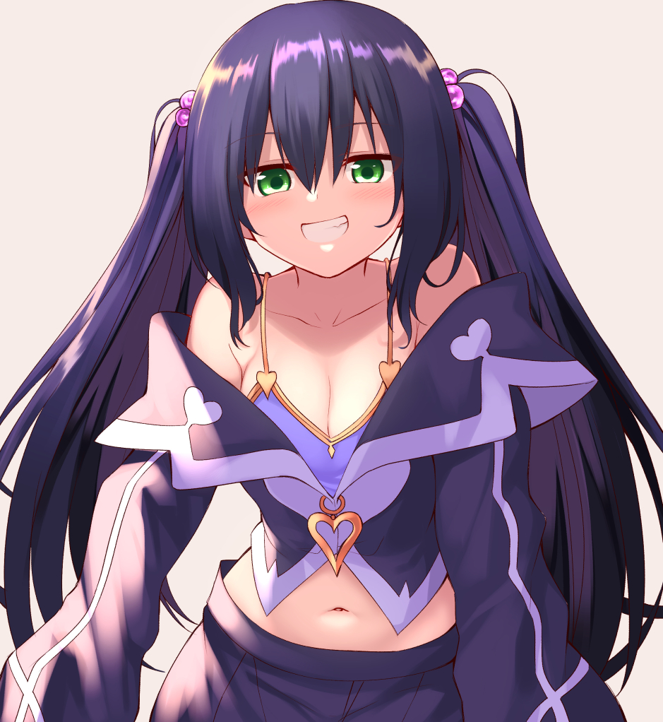 1girl :d armpit_crease bangs bare_shoulders blush breasts camisole cleavage coat collarbone crop_top green_eyes grin hair_between_eyes hair_ornament heart long_hair long_sleeves looking_at_viewer mahcdai midriff navel off_shoulder open_mouth original purple_coat purple_hair purple_shirt purple_skirt shirt sidelocks simple_background skirt smile solo teeth twintails