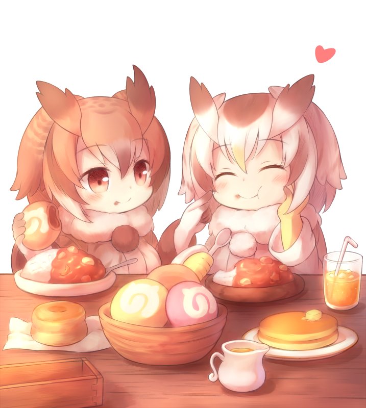 2girls bangs bowl brown_eyes brown_hair butter chewing closed_eyes coat cup curry drinking_glass eating eurasian_eagle_owl_(kemono_friends) eyebrows_visible_through_hair food food_on_face food_request fur_trim gloves hand_on_own_face heart holding holding_food holding_spoon ice ice_cube japari_bun kemono_friends looking_at_another matsuu_(akiomoi) medium_hair multicolored_hair multiple_girls napkin northern_white-faced_owl_(kemono_friends) pancake pitcher pom_pom_(clothes) pom_poms sitting spoon straw table white_background white_hair yellow_gloves