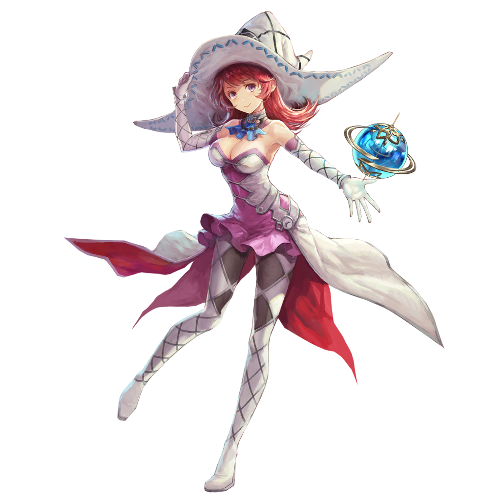 1girl boots breasts cleavage gloves hat jewelry long_hair necklace official_art redhead rochelle_(star_ocean) solo star_ocean star_ocean_anamnesis thigh-highs transparent_background violet_eyes witch_hat