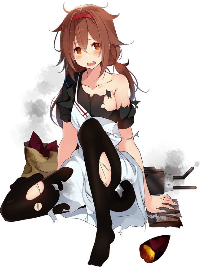 1girl alternate_costume apron black_legwear breasts brown_eyes brown_hair collarbone full_body hair_flaps hairband kantai_collection kujou_ichiso long_skirt medium_breasts official_art open_mouth potato red_hairband remodel_(kantai_collection) shiratsuyu_(kantai_collection) short_hair skirt smoke torn_clothes transparent_background turret twintails