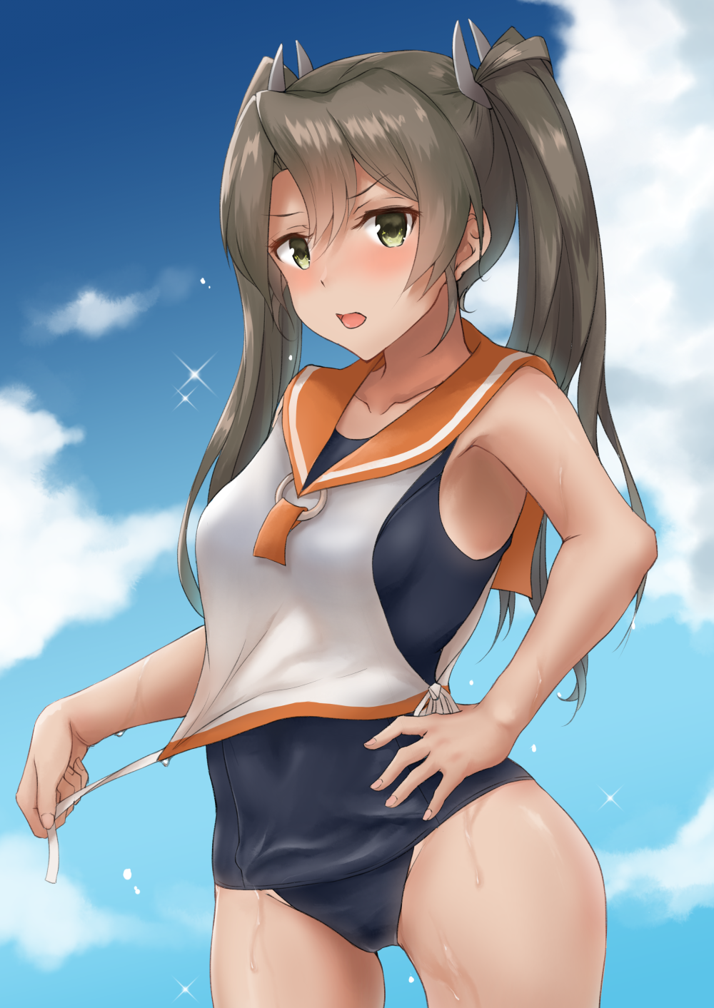 1girl alternate_costume blue_sky blush breasts closed_mouth clouds green_eyes green_hair hair_between_eyes highres i-400_(kantai_collection) k_jie kantai_collection long_hair looking_at_viewer open_mouth orange_sailor_collar sailor_collar school_swimsuit shirt sky sleeveless sleeveless_shirt small_breasts swimsuit twintails zuikaku_(kantai_collection)