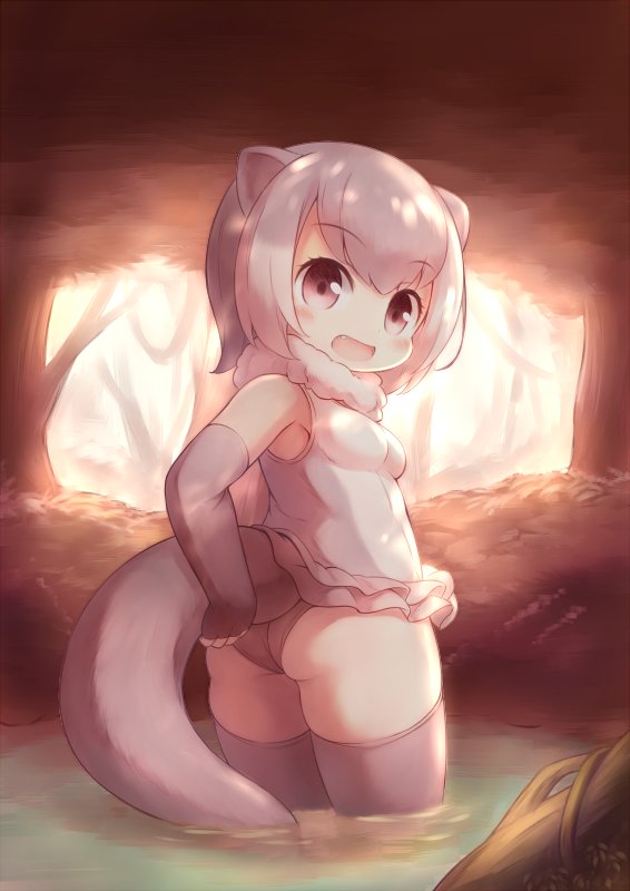 1girl animal_ears ass bangs bare_shoulders blush breasts brown_eyes commentary elbow_gloves eyebrows_visible_through_hair eyelashes fang fingerless_gloves frilled_swimsuit frills fur_collar gloves grey_legwear grey_swimsuit kemono_friends looking_at_viewer looking_back matsuu_(akiomoi) medium_breasts one-piece_swimsuit open_mouth otter_ears otter_tail outdoors short_hair small-clawed_otter_(kemono_friends) solo standing swimsuit tail tareme thigh-highs tree tree_shade wading
