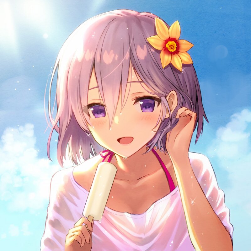 1girl :d adjusting_hair collarbone fate/grand_order fate_(series) flower food hair_between_eyes hair_flower hair_ornament halterneck haru_(hiyori-kohal) holding holding_food ice_cream looking_at_viewer mash_kyrielight open_mouth pink_hair shiny shiny_hair shirt short_hair short_sleeves smile solo upper_body violet_eyes wet wet_clothes wet_shirt white_shirt yellow_flower