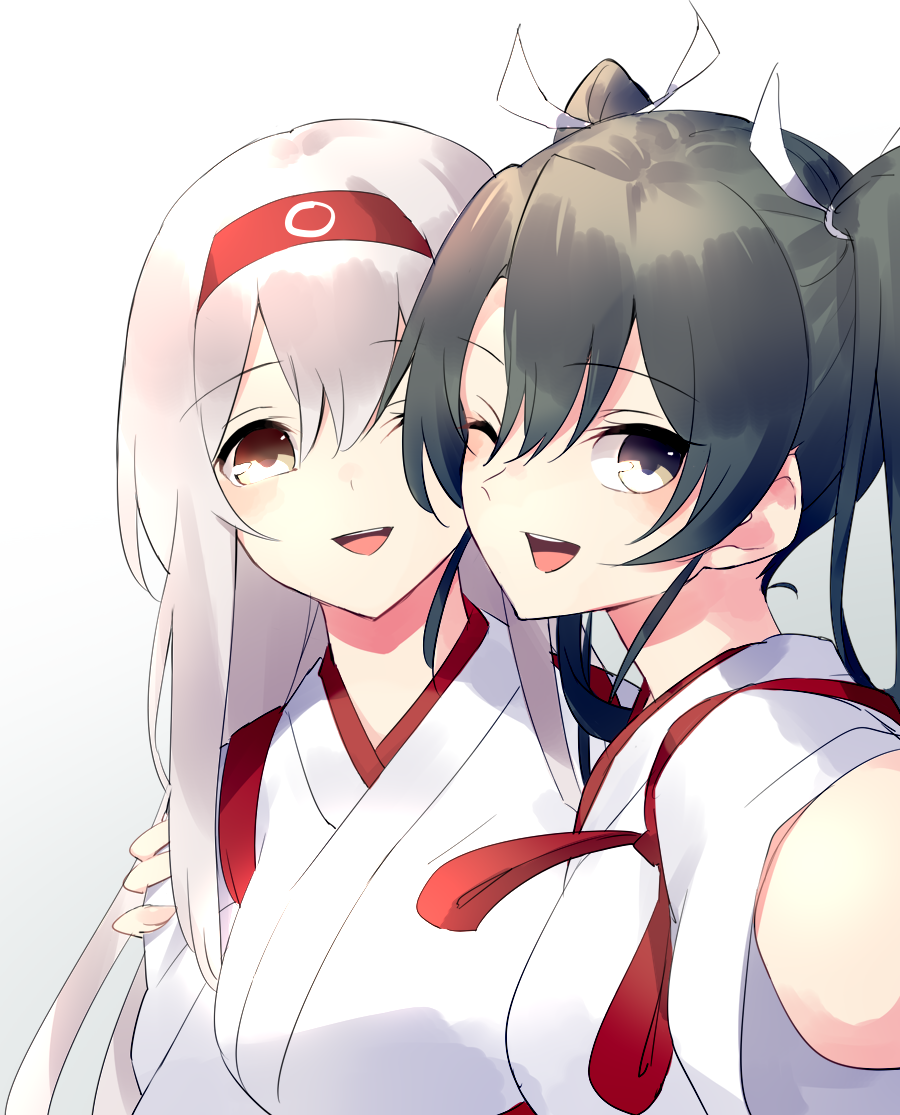 2girls blush breasts eyebrows_visible_through_hair gradient gradient_background green_eyes grey_hair hair_between_eyes hairband japanese_clothes kantai_collection kimono large_breasts long_hair looking_at_viewer multiple_girls one_eye_closed open_mouth red_eyes shoukaku_(kantai_collection) sutaa_dasuto-kun twintails white_hair white_kimono zuikaku_(kantai_collection)