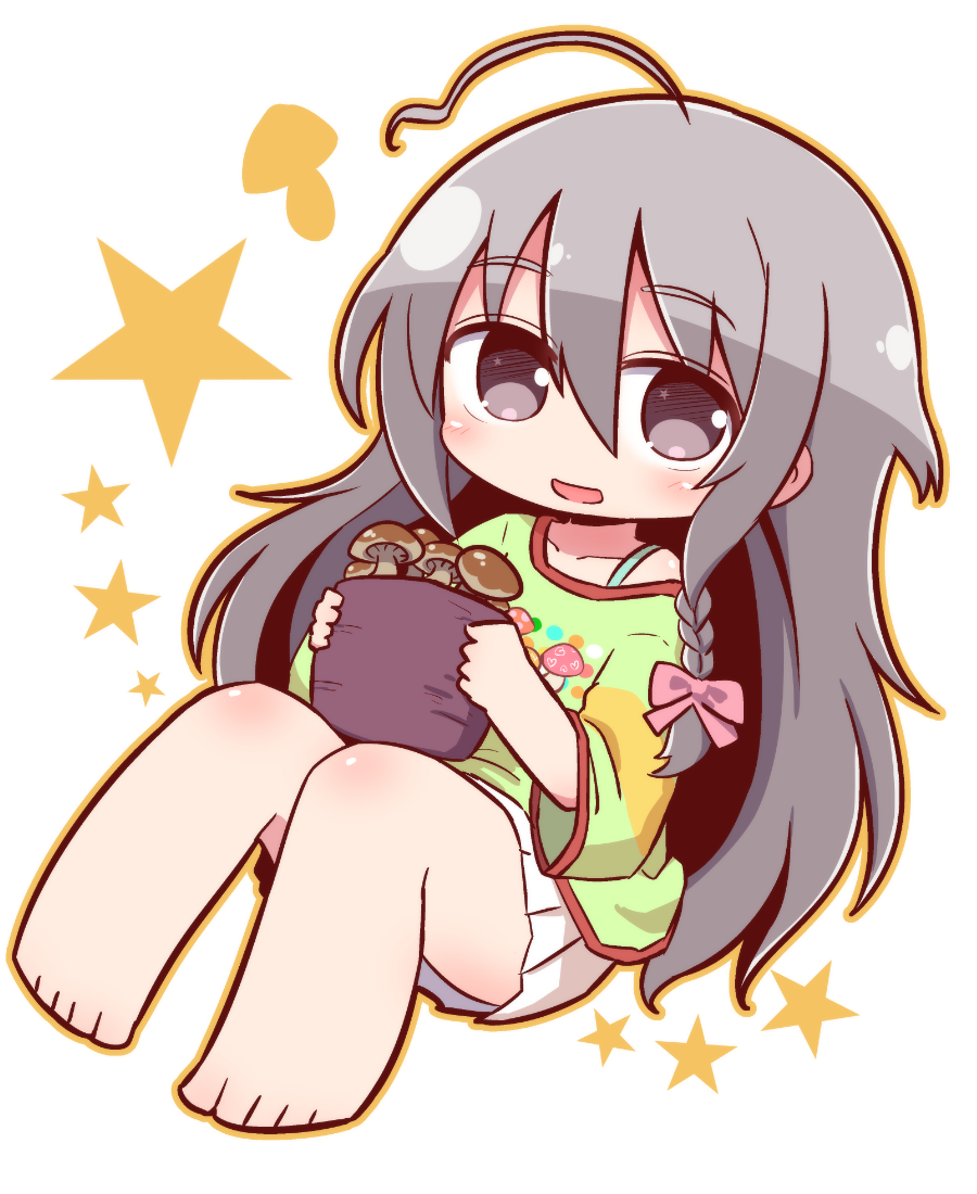 1girl :d ahoge bangs bare_shoulders barefoot blush bow braid brown_eyes brown_hair brown_outline chibi collarbone commentary_request eyebrows_visible_through_hair full_body green_shirt hair_between_eyes hair_bow holding hoshi_shouko idolmaster idolmaster_cinderella_girls long_hair long_sleeves looking_at_viewer mushroom naga_u off_shoulder open_mouth pink_bow pleated_skirt rl satonaka_chie shirt side_braid single_braid skirt smile solo very_long_hair white_background white_skirt wide_sleeves