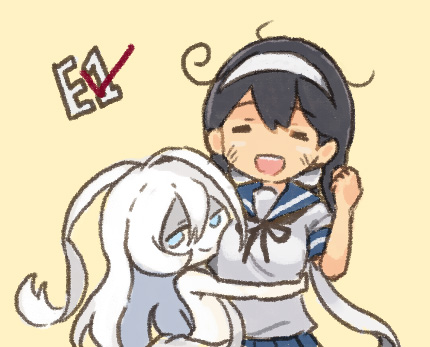 2girls ahoge black_hair blue_eyes clenched_hand closed_eyes comic dress hachimaki hair_between_eyes head_on_chest headband hug kantai_collection long_hair looking_at_viewer lowres multiple_girls open_mouth otoufu remodel_(kantai_collection) school_uniform scratches serafuku shinkaisei-kan short_sleeves sleeveless sleeveless_dress smile submarine_new_hime upper_body ushio_(kantai_collection) white_hair yellow_background