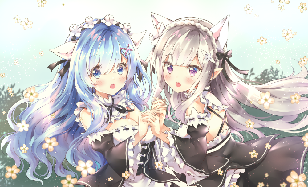 2girls :o alternate_costume alternate_hair_length alternate_hairstyle animal_ears bangs bare_shoulders black_dress black_neckwear black_ribbon blue_eyes blue_hair blush bow braid breasts cleavage detached_collar detached_sleeves dress elf emilia_(re:zero) enmaided eyebrows_visible_through_hair floating_hair flower frilled_dress frilled_sleeves frills from_side hair_flower hair_ornament hair_over_one_eye hair_ribbon hairclip hand_holding headdress interlocked_fingers juliet_sleeves light_particles long_hair long_sleeves looking_at_viewer maid medium_breasts melings_(aot2846) multiple_girls neck_ribbon open_mouth pointy_ears puffy_sleeves re:zero_kara_hajimeru_isekai_seikatsu rem_(re:zero) ribbon shiny shiny_hair sidelocks silver_hair underbust upper_body upper_teeth violet_eyes wavy_hair white_bow wide_sleeves x_hair_ornament