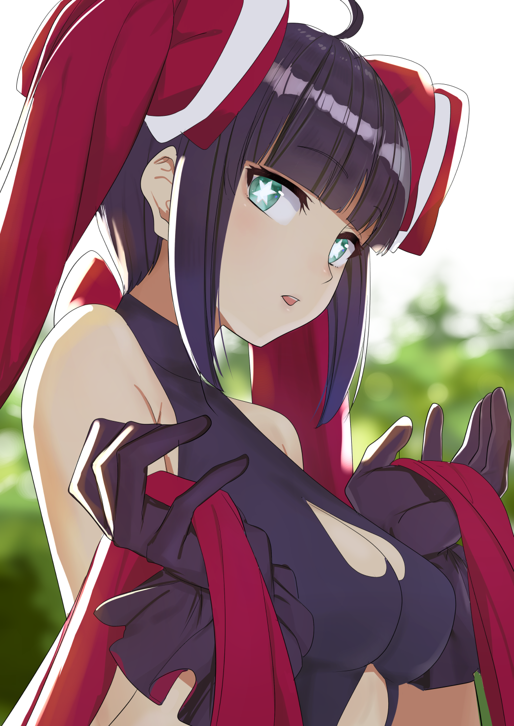 1girl ahoge bangs bare_shoulders black_gloves black_hair blunt_bangs bow breasts bustier character_request cleavage cleavage_cutout copyright_request gloves green_eyes heart_cutout highres long_hair looking_at_viewer medium_breasts momosuke_(ishakry) open_mouth outdoors red_bow solo star star-shaped_pupils symbol-shaped_pupils virtual_youtuber