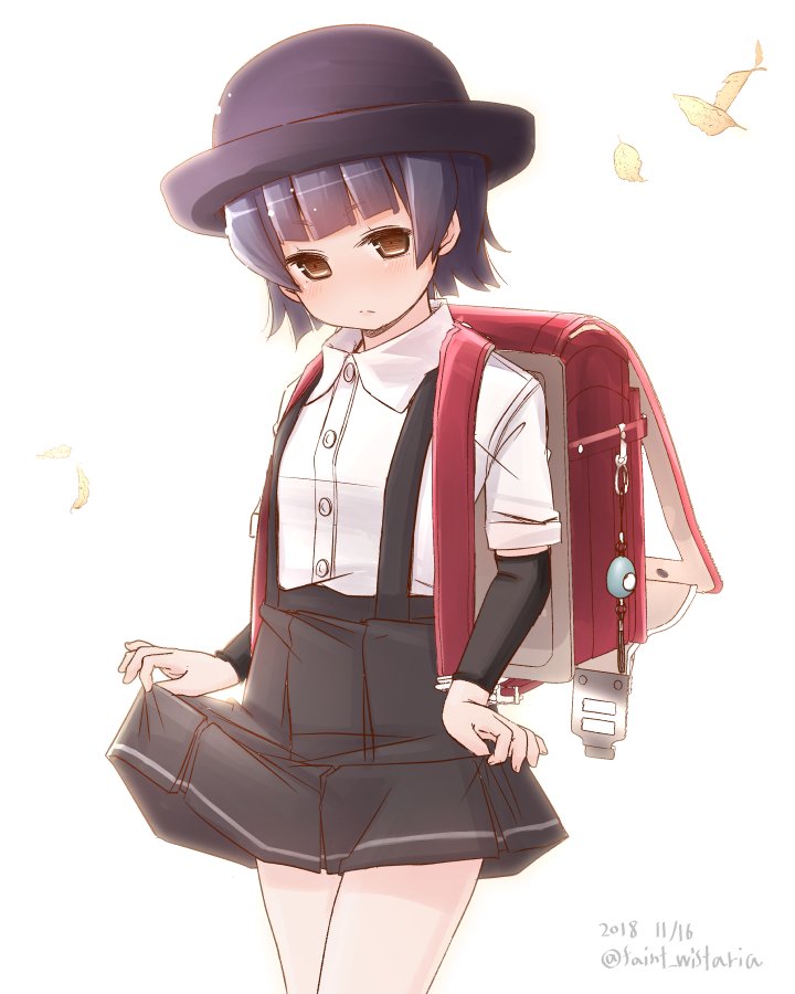 1girl arare_(kantai_collection) arm_warmers backpack bag black_hair black_skirt brown_eyes fujisaki_yuu hat kantai_collection lifted_by_self looking_at_viewer pleated_skirt randoseru shirt short_hair short_sleeves simple_background skirt skirt_lift solo suspender_skirt suspenders white_background white_shirt