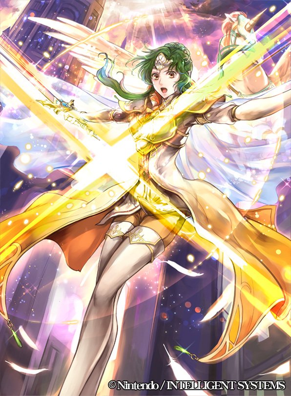 1girl boots bracelet breastplate brown_eyes brown_pants elincia_ridell_crimea fire_emblem fire_emblem:_souen_no_kiseki floating_hair from_below green_hair headpiece holding holding_sword holding_weapon jewelry long_hair nintendo open_mouth outstretched_arms pants solo sword thigh-highs thigh_boots unicorn wada_sachiko weapon white_feathers white_footwear