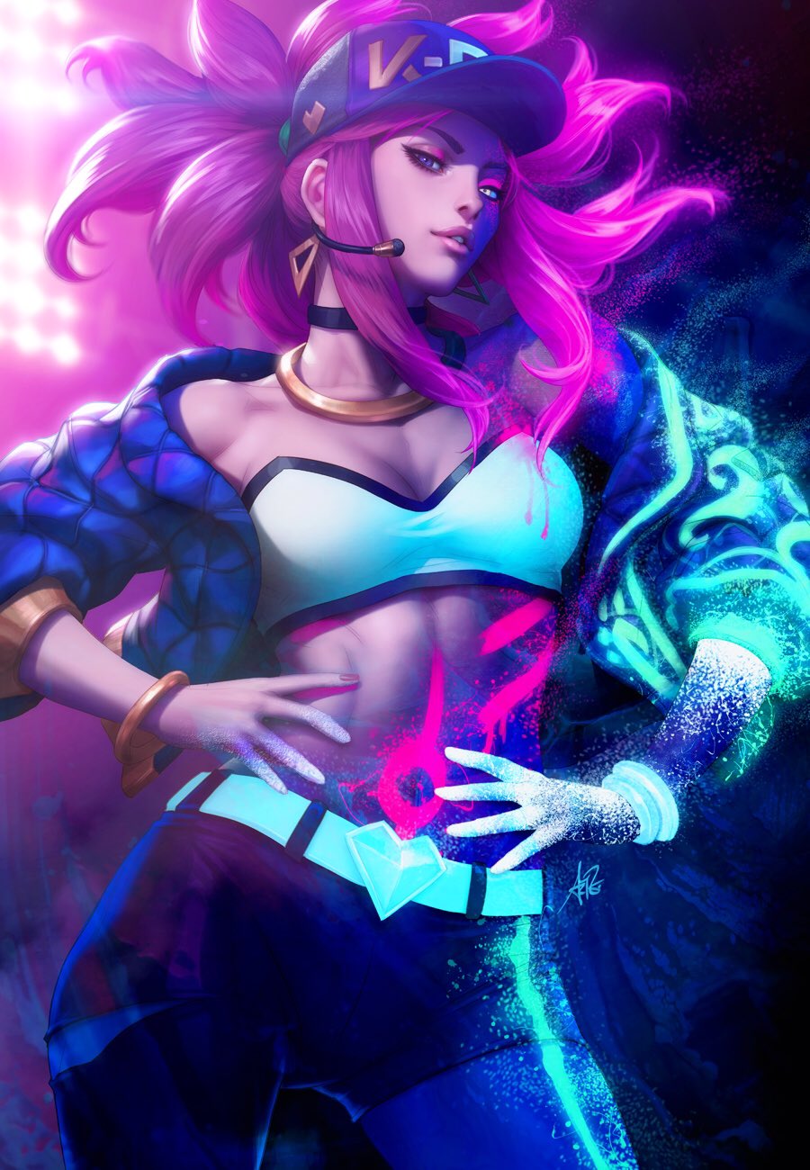 1girl akali baseball_cap belt bracelet breasts choker cleavage commentary crop_top english_commentary hands_on_hips hat highres jacket jewelry k/da_akali league_of_legends long_hair looking_at_viewer microphone midriff multicolored multicolored_eyes navel ponytail purple_hair short_shorts shorts solo standing stanley_lau stomach ultraviolet_light