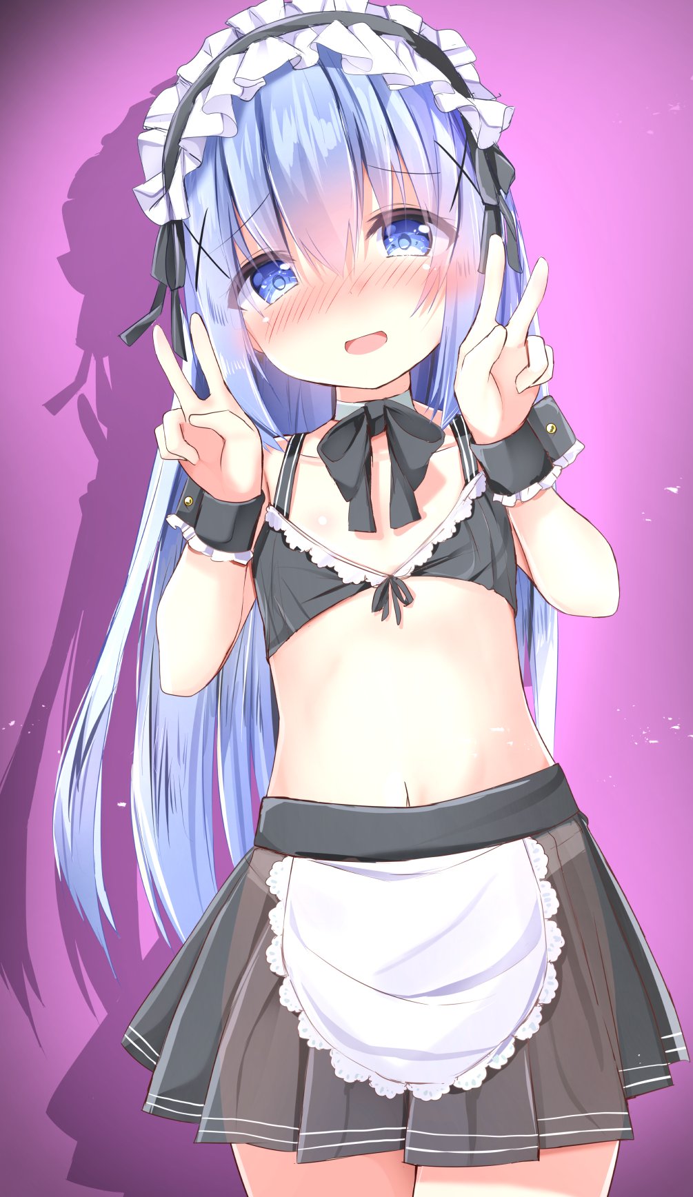 1girl apron black_bow black_bra black_ribbon blue_eyes blue_hair blush bow bowtie bra choker collarbone cowboy_shot eyebrows_visible_through_hair flat_chest front-tie_bra gochuumon_wa_usagi_desu_ka? grey_bra grey_skirt hair_between_eyes hair_ribbon head_tilt highres kafuu_chino kouda_suzu long_hair looking_at_viewer maid_headdress miniskirt navel open_mouth pink_background pleated_skirt ribbon see-through shadow shiny shiny_hair skirt solo standing stomach underwear very_long_hair waist_apron white_apron wrist_cuffs