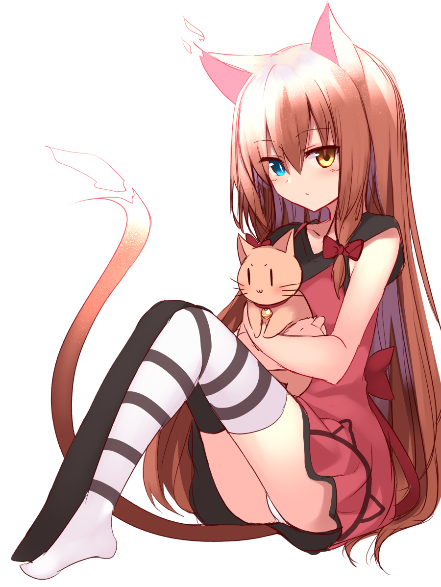 1girl :3 animal animal_ears ass bangs bell black_legwear blue_eyes blush bow brown_hair cat cat_ears cat_tail closed_mouth collarbone dress expressionless eyebrows_visible_through_hair full_body hair_between_eyes hair_bow heterochromia hug jingle_bell knees_up long_hair looking_at_viewer mahcdai mismatched_legwear original panties red_bow red_dress sidelocks simple_background sitting sleeveless slit_pupils solo striped striped_legwear tail thigh-highs underwear very_long_hair white_background white_legwear white_panties yellow_eyes |_|