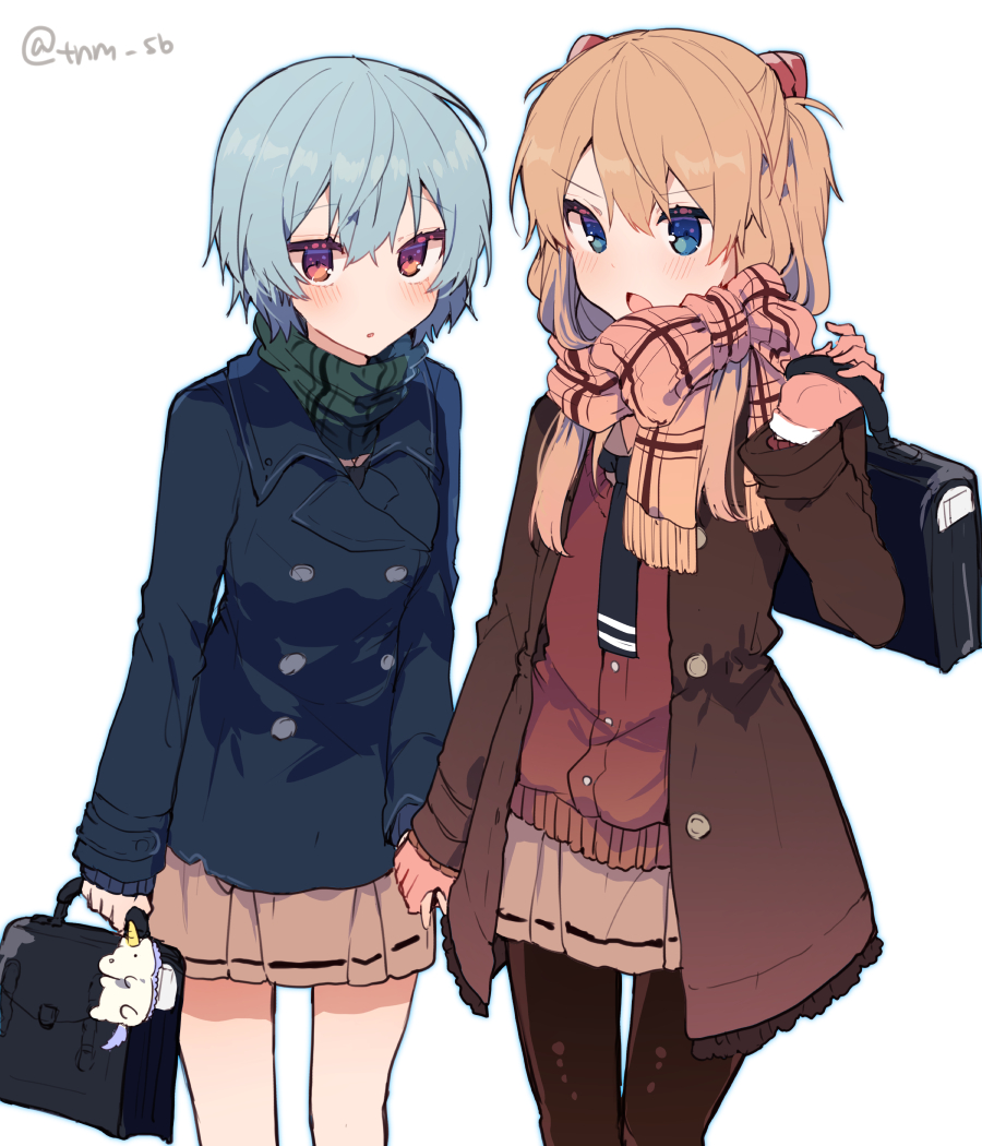 2girls ayanami_rei bag_charm bangs black_neckwear blue_eyes blue_hair blue_jacket blush brown_cardigan brown_gloves brown_hair brown_jacket brown_legwear brown_scarf brown_skirt charm_(object) cowboy_shot eyebrows_visible_through_hair fringe_trim gloves green_scarf hair_between_eyes hand_holding hand_up ikeuchi_tanuma jacket long_hair long_sleeves multiple_girls neon_genesis_evangelion open_clothes open_jacket open_mouth pantyhose parted_lips plaid plaid_scarf pleated_skirt red_eyes scarf school_briefcase school_uniform simple_background skirt souryuu_asuka_langley twitter_username white_background