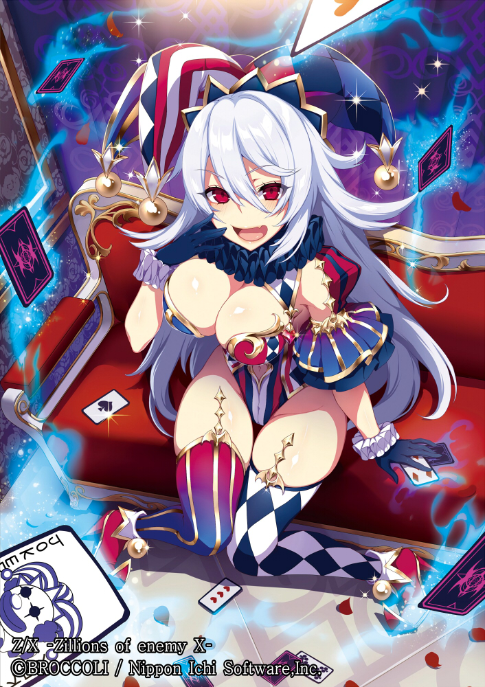 1girl :d black_gloves blush breasts card cleavage fang gloves hat jester_cap knees_together_feet_apart large_breasts leotard long_hair looking_at_viewer mismatched_legwear navel navel_cutout official_art open_mouth red_eyes silver_hair sitting smile solo thigh-highs very_long_hair z/x zeroshiki_kouichi